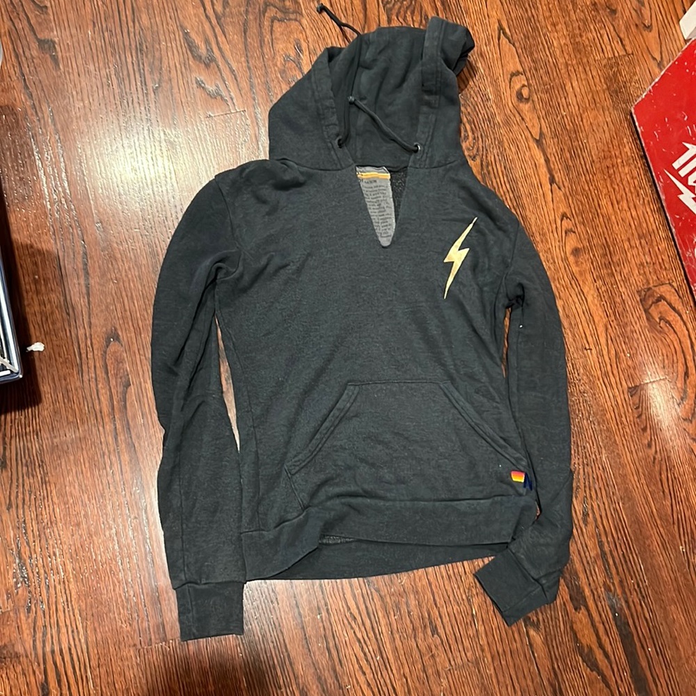 XS dark gray hooded aviator nation sweatshirt with gold lightning bolt